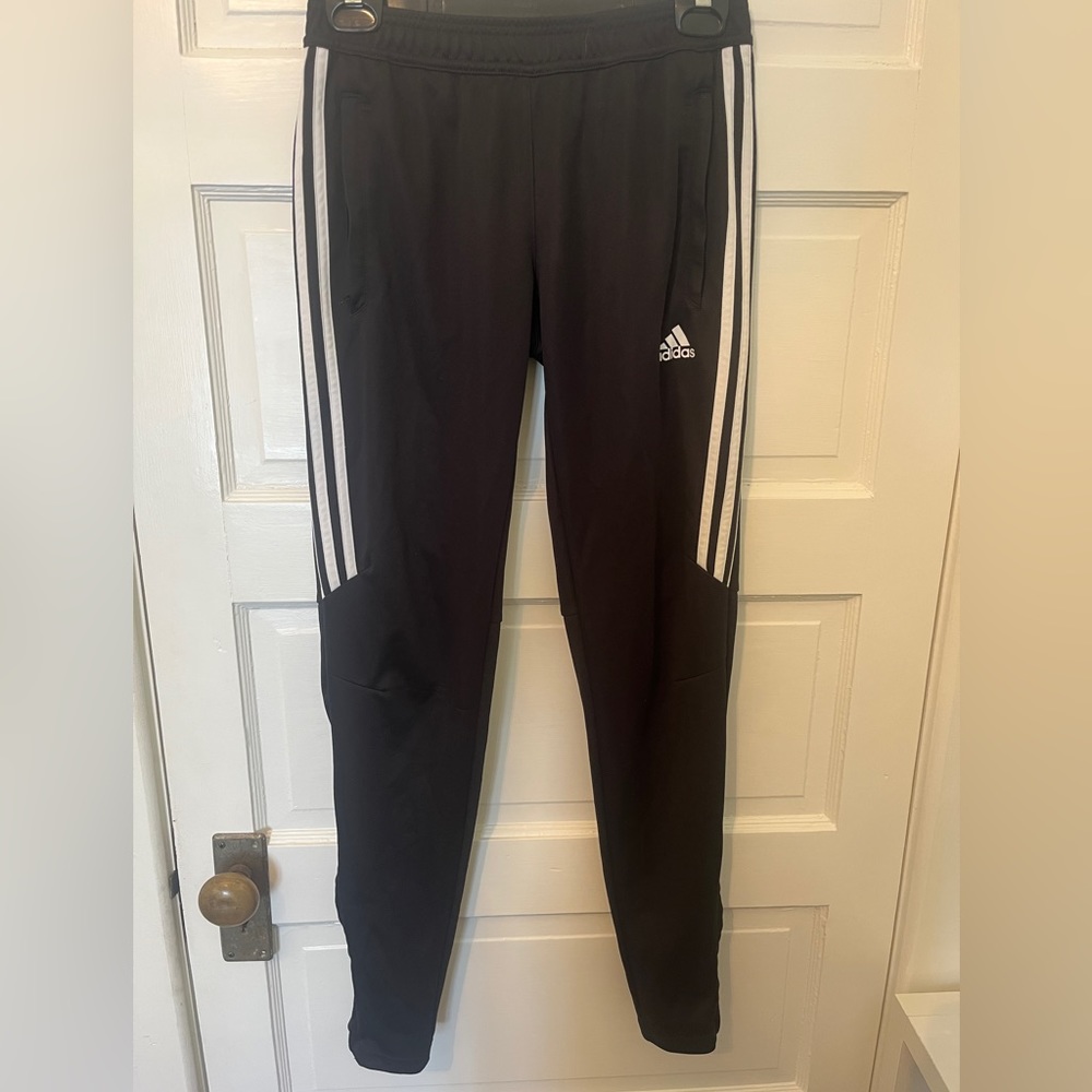 ADIDAS black joggers with white racer stripes. Men’s size S.